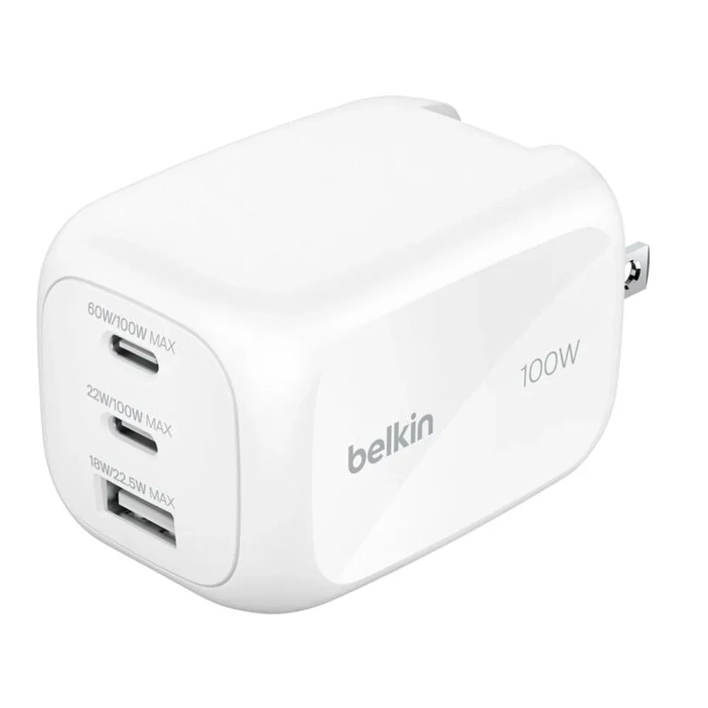 Cargador Belkin GaN de 3 Puertos (2 USB-C/1 USB-A) 100W - Blanco