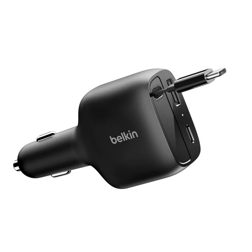 Cargador de Carro Retráctil Belkin (2 USB-C/1 USB-A) 75W - Negro